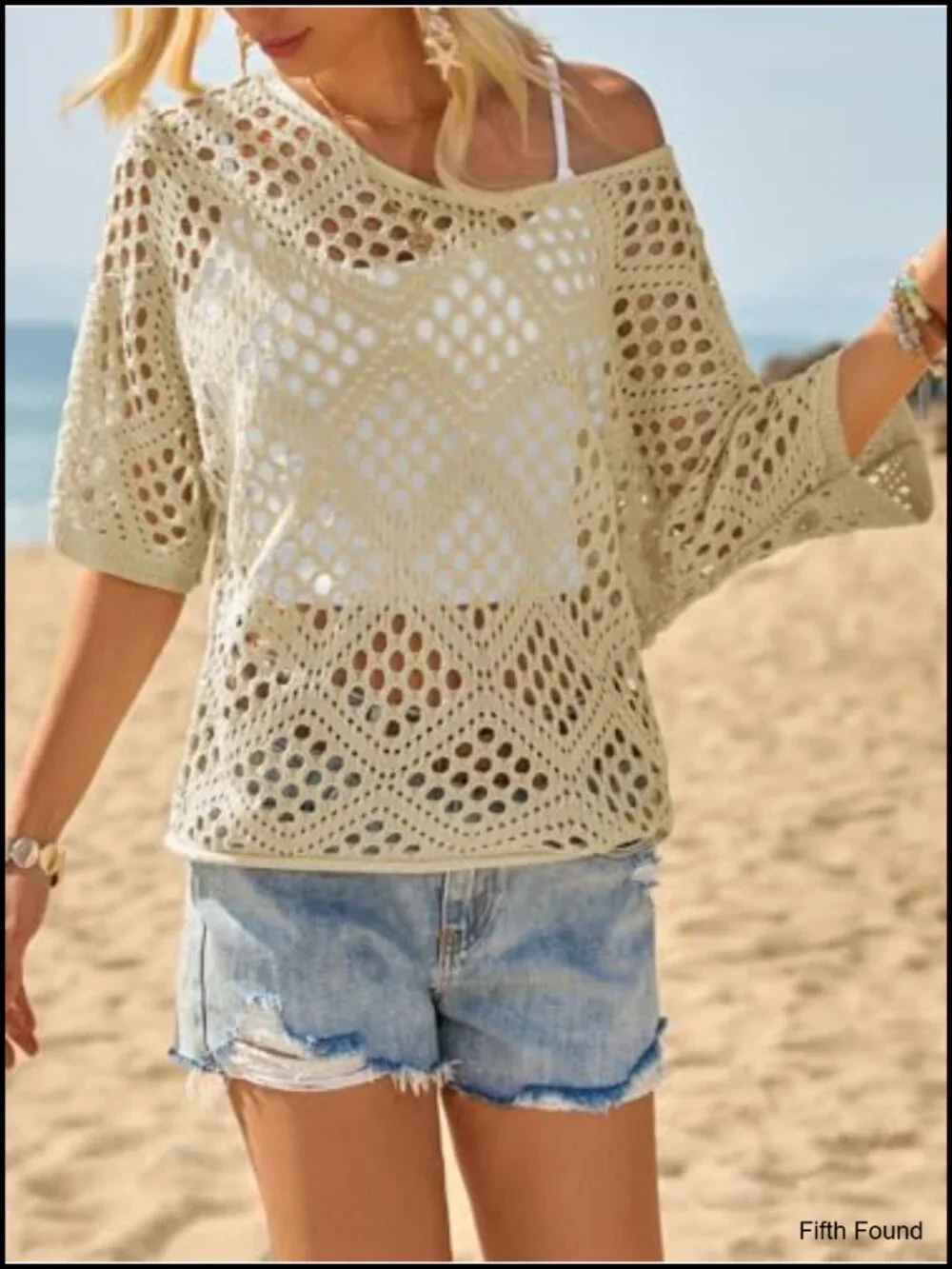 Women's Crochet Cover Up Top Short Sleeve Hollow Out Summer Beach Swimsuit